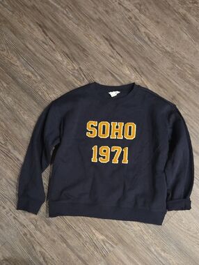 H&M Navy Crewneck Sweatshirt with Gold SOHO 1971 Applique